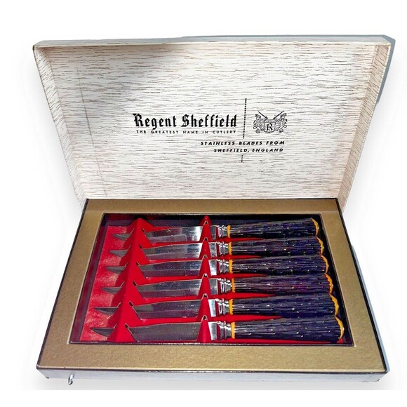 Regent Sheffield Stainless Steel Steak Forever Sharp Knives Faux Bone Boxed - Picture 3 of 16